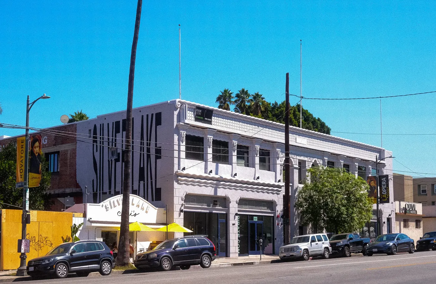 Street-level view of the Jones Building on Sunset Boulevard in Silver Lake