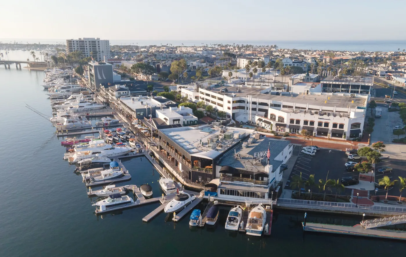 Aerial view of Lido Marina Village and its marina slips in Newport Beach