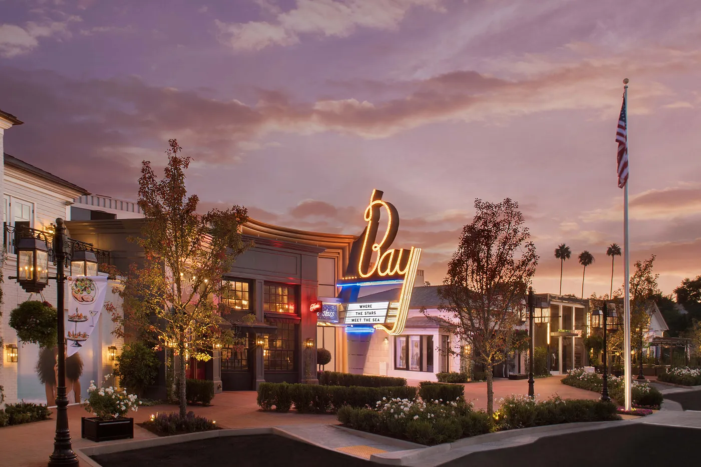 The Bay Theater marquee at Palisades Village at dusk